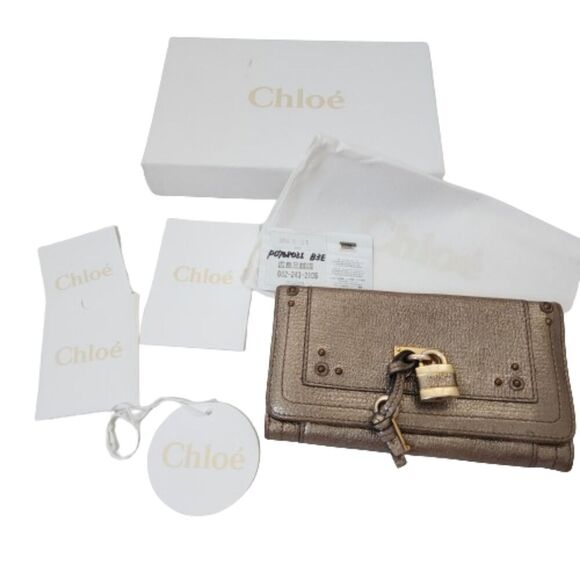 CHLOE Paddington Leather Wallet Purse Metallic Gold w/ Box & Card - Picture 1 of 10